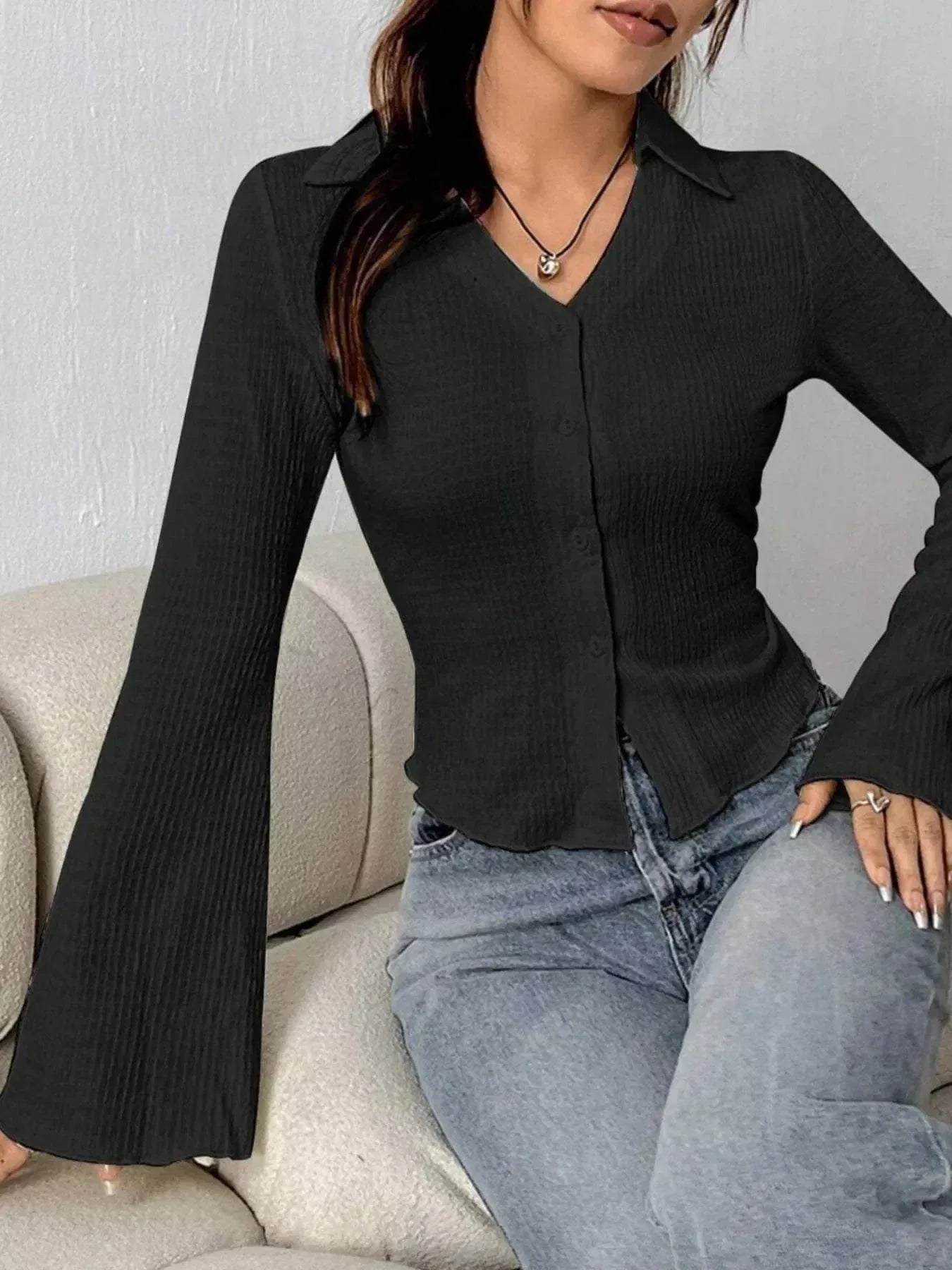 Flare Sleeve Button Up Shirt