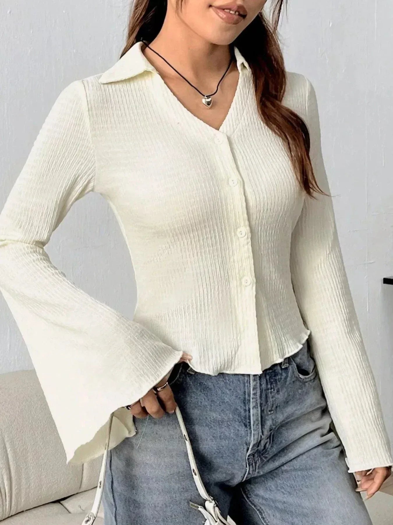 Flare Sleeve Button Up Shirt Apricot / S