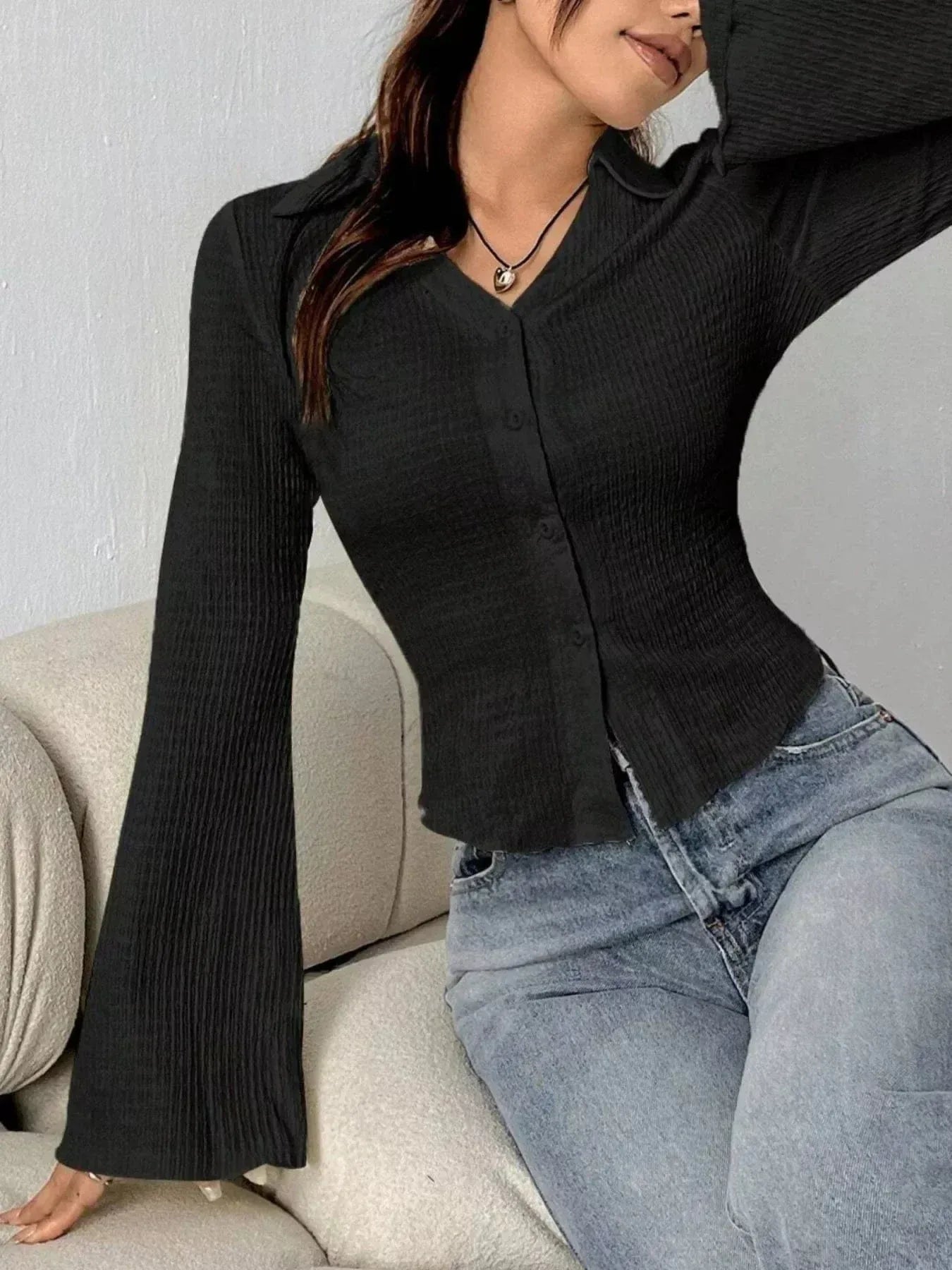 Flare Sleeve Button Up Shirt Black / S