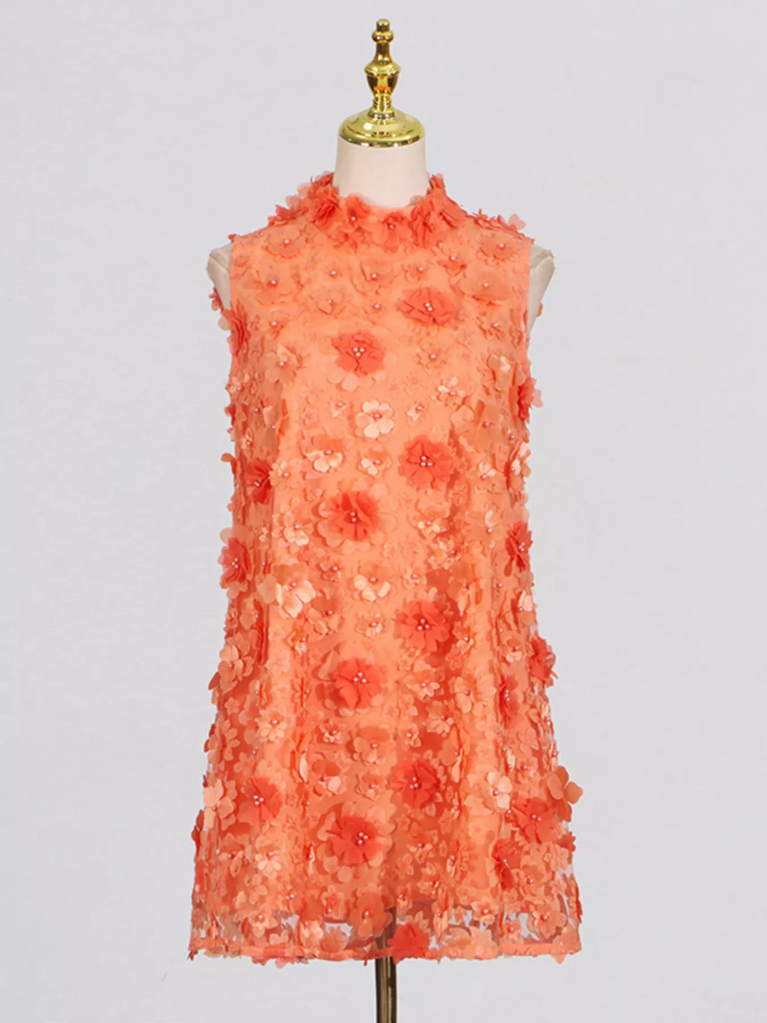 Floral Applique High Neck Sleeveless Mini Dress Orange / S