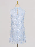 Floral Applique High Neck Sleeveless Mini Dress
