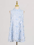 Floral Applique High Neck Sleeveless Mini Dress Blue / S