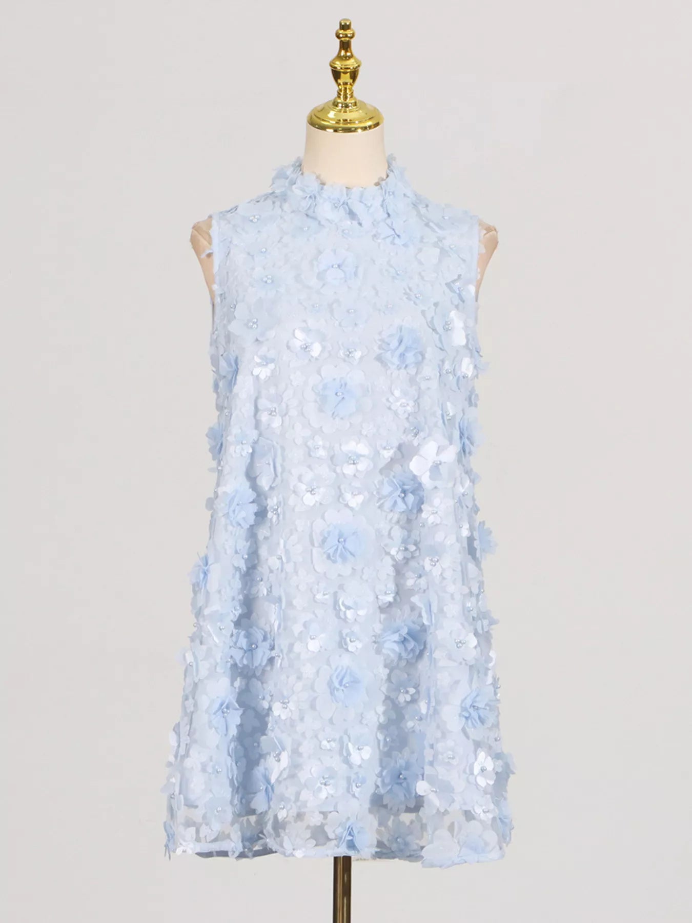 Floral Applique High Neck Sleeveless Mini Dress Blue / S
