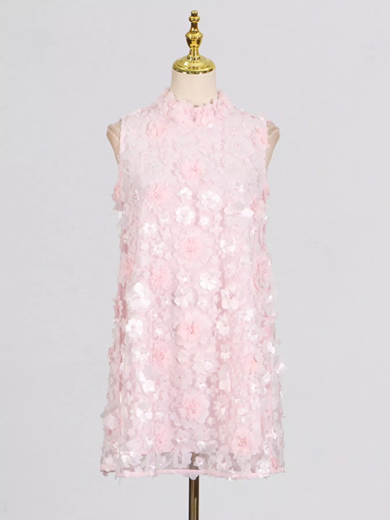 Floral Applique High Neck Sleeveless Mini Dress Pink / S