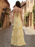 Floral Appliqué Lace-Up Tiered Maxi Dress