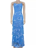 Floral Appliqué Lace-Up Tiered Maxi Dress