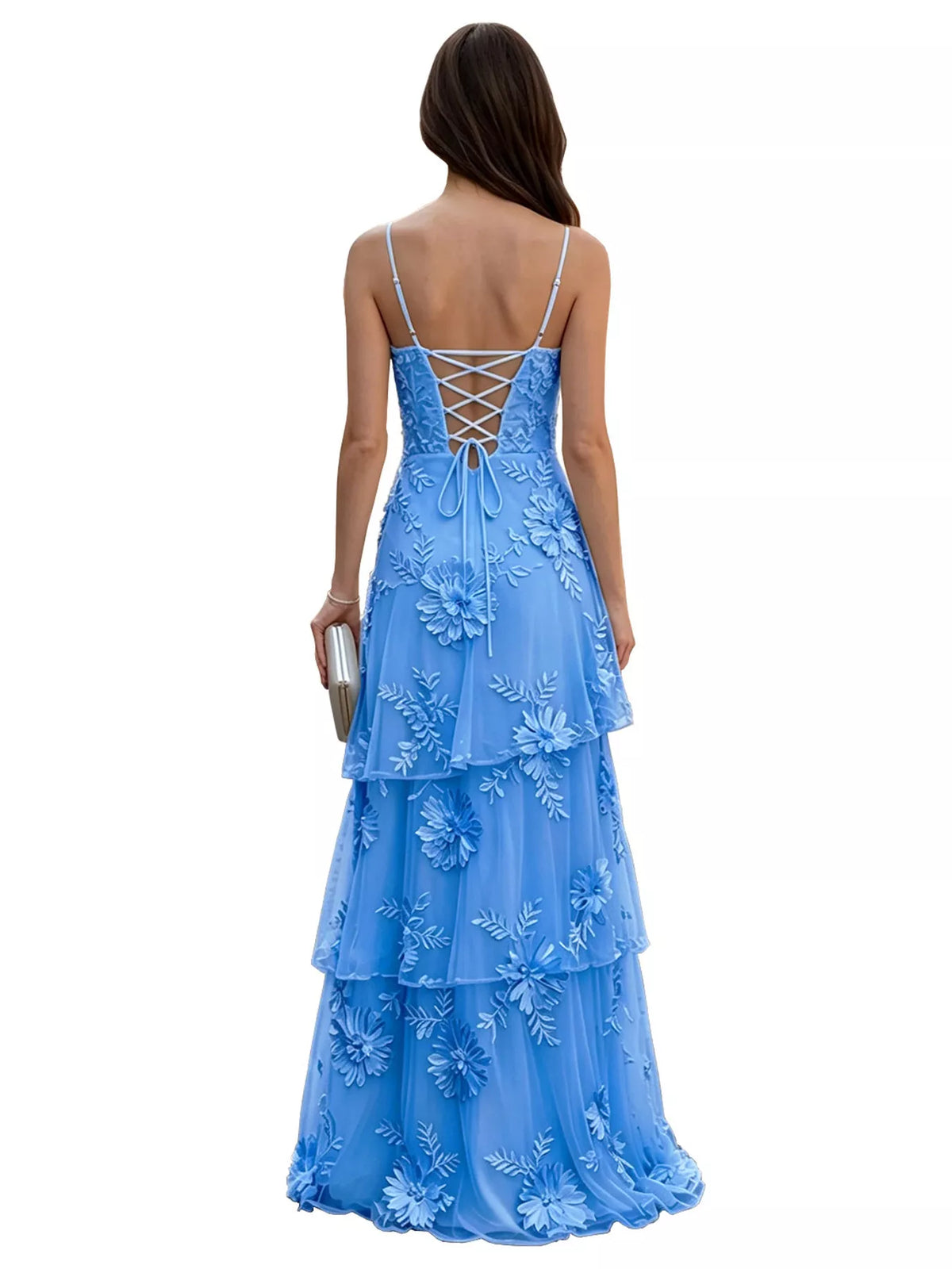 Floral Appliqué Lace-Up Tiered Maxi Dress
