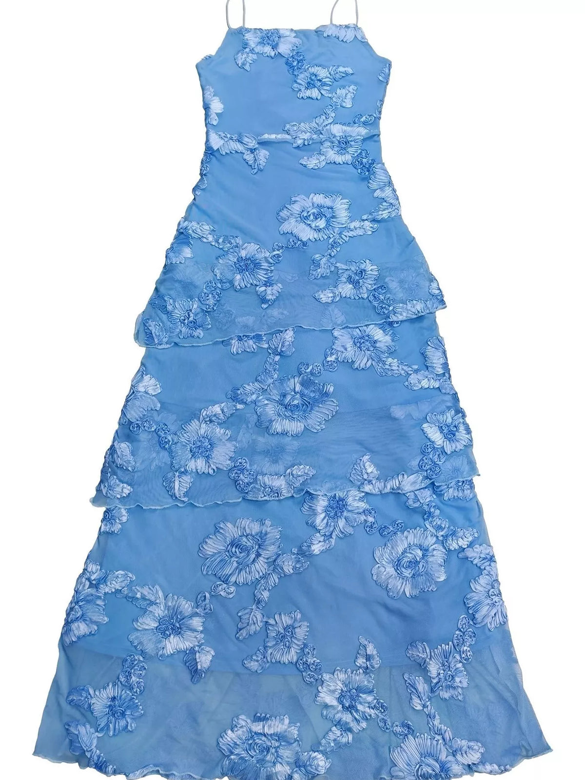 Floral Appliqué Lace-Up Tiered Maxi Dress