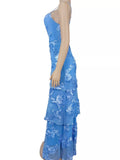 Floral Appliqué Lace-Up Tiered Maxi Dress