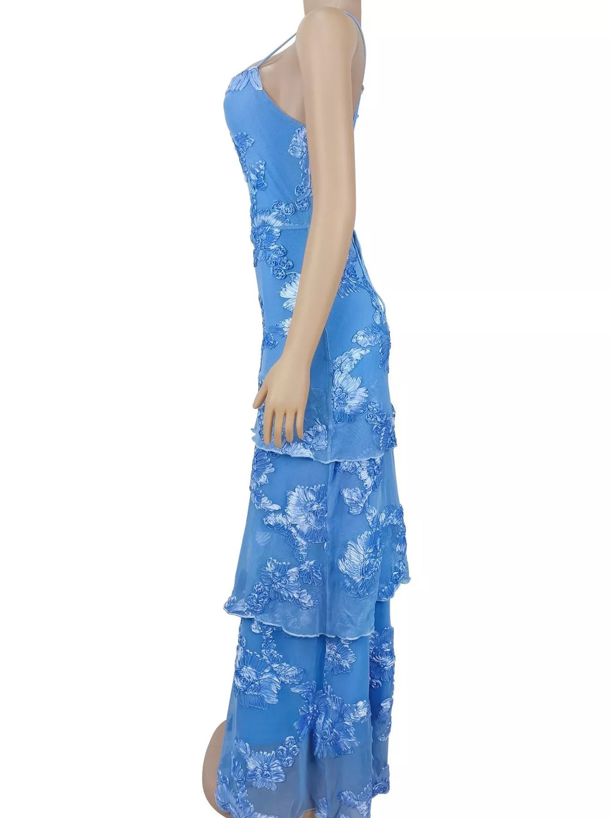 Floral Appliqué Lace-Up Tiered Maxi Dress