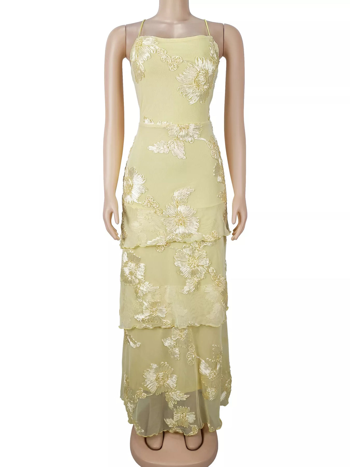 Floral Appliqué Lace-Up Tiered Maxi Dress