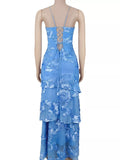 Floral Appliqué Lace-Up Tiered Maxi Dress