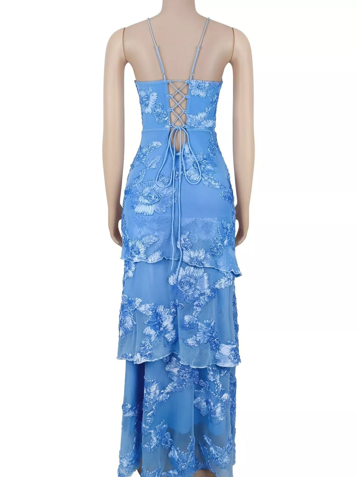 Floral Appliqué Lace-Up Tiered Maxi Dress