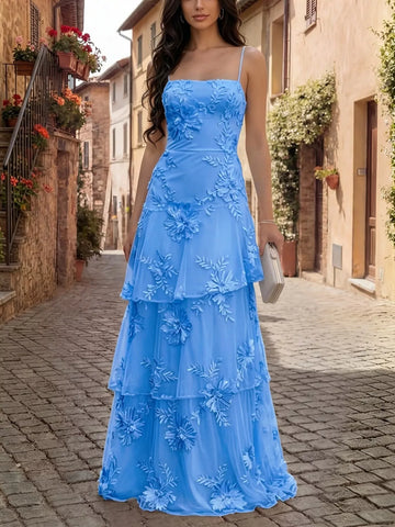 Floral Appliqué Lace-Up Tiered Maxi Dress Blue / S