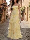 Floral Appliqué Lace-Up Tiered Maxi Dress Yellow / S