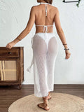 Floral Crochet Triangle Bikini Swim Set with Cover Up White / One Size