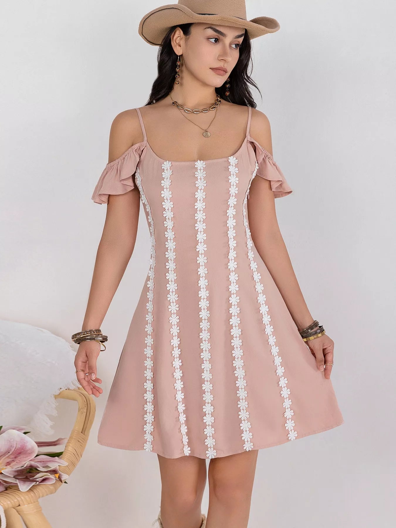 Floral Lace Trim Cold Shoulder A-Line Dress Pale Blush / S