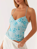 Floral Lace Up Back V-Neck Cami Blue / S