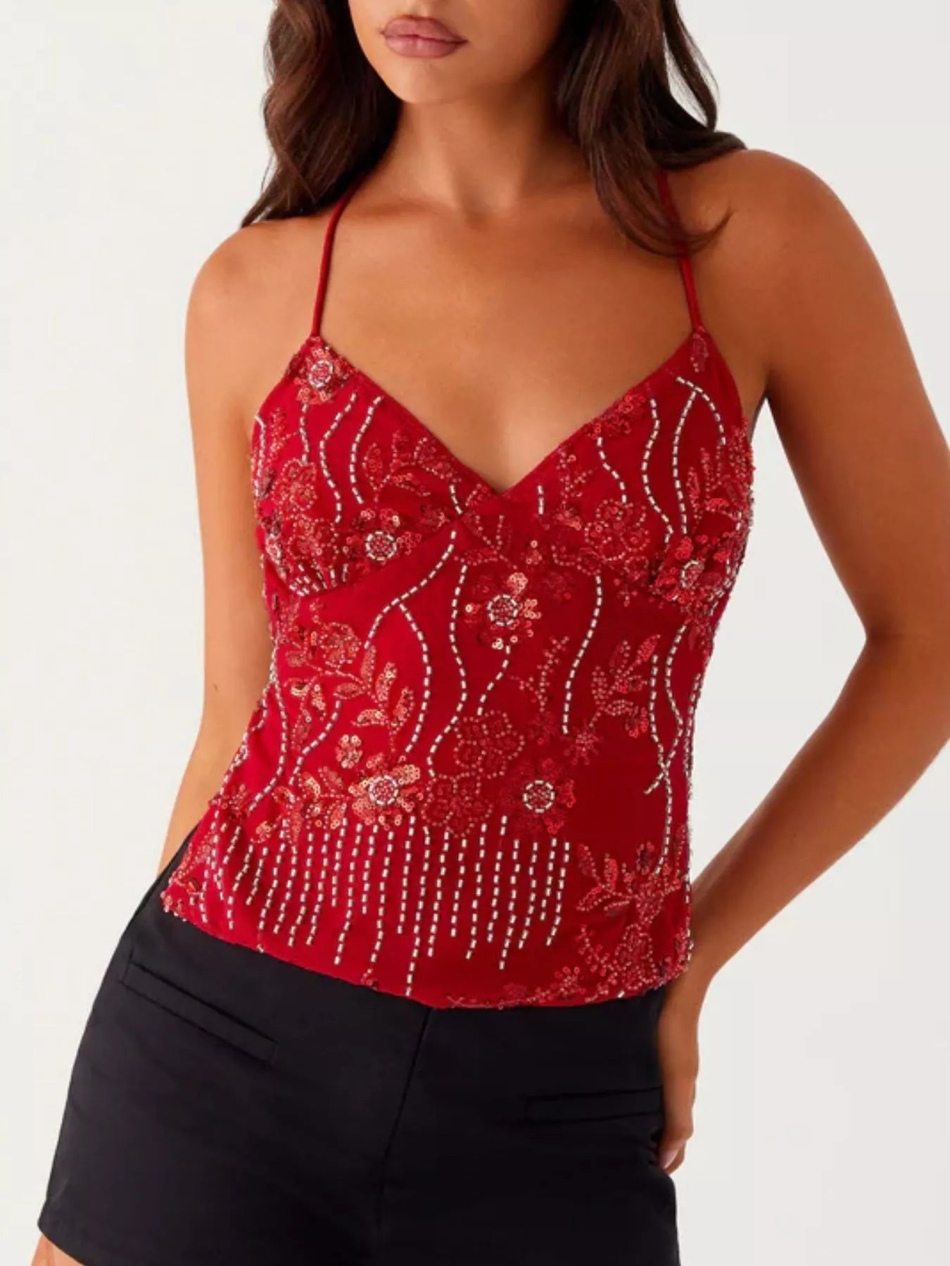 Floral Lace Up Back V-Neck Cami Red / S