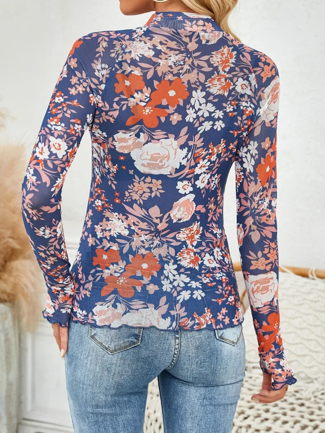 Floral Mock Neck Long Sleeve Top Light Indigo / S