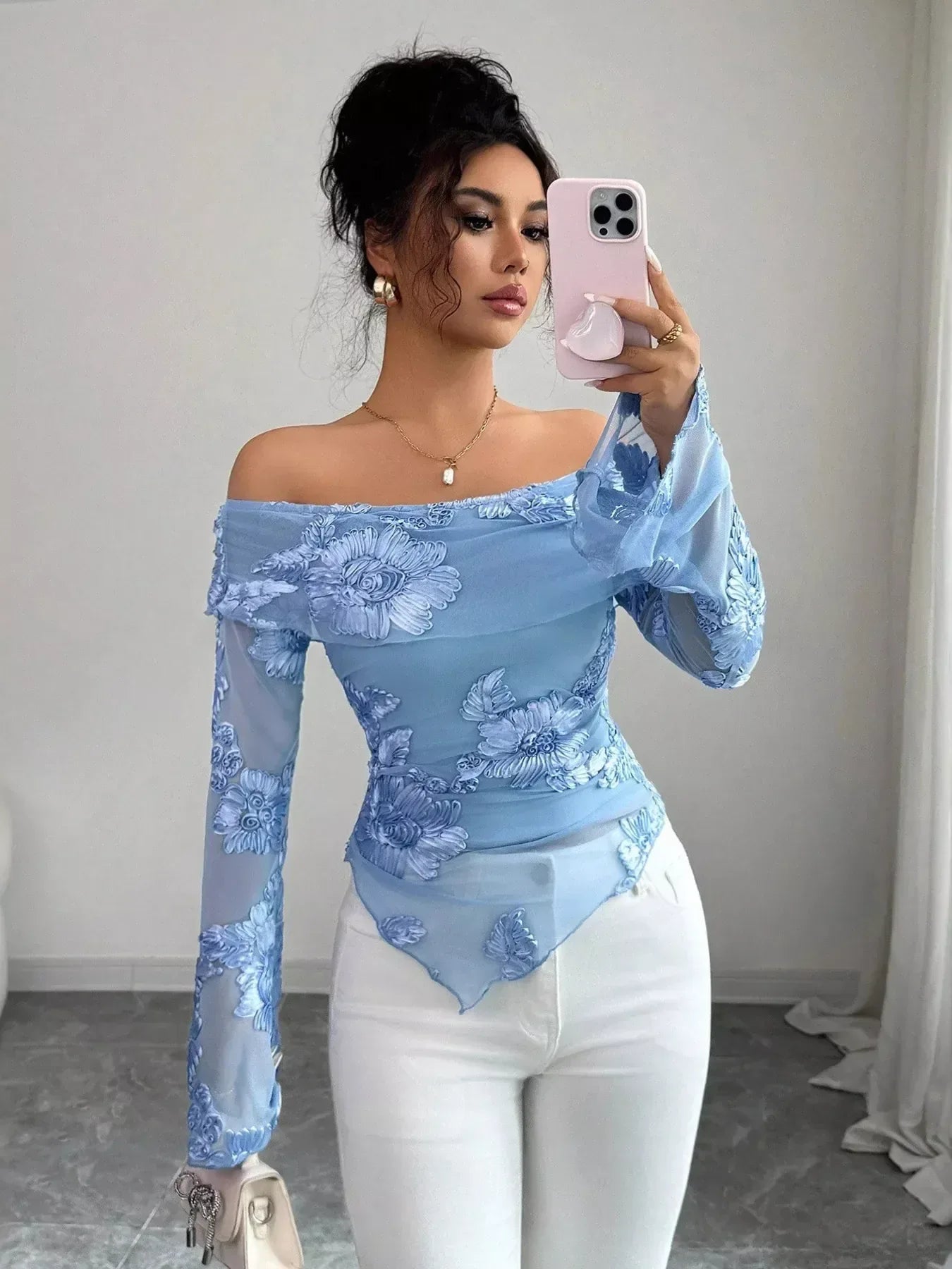 Floral Off‑Shoulder Mesh Blouse