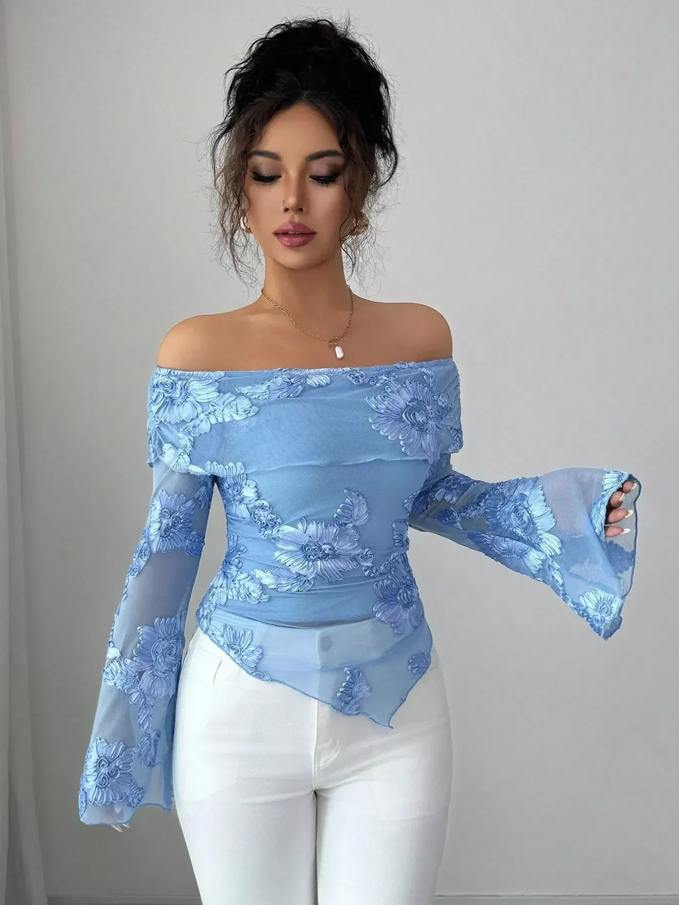 Floral Off‑Shoulder Mesh Blouse