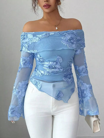 Floral Off‑Shoulder Mesh Blouse Sky Blue / S