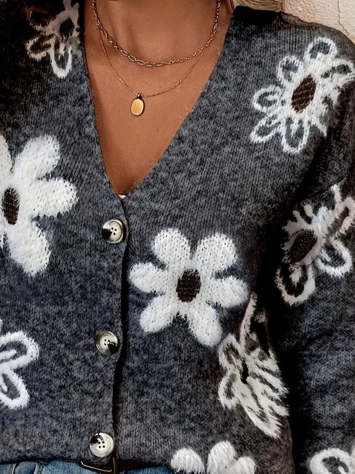 Floral Print Button-Up Knit Cardigan
