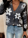 Floral Print Button-Up Knit Cardigan Black / S