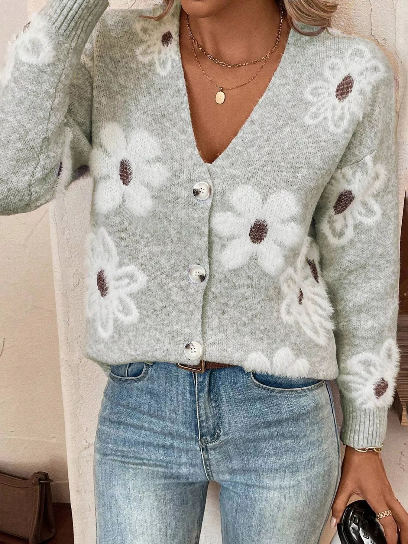 Floral Print Button-Up Knit Cardigan Light Gray / S