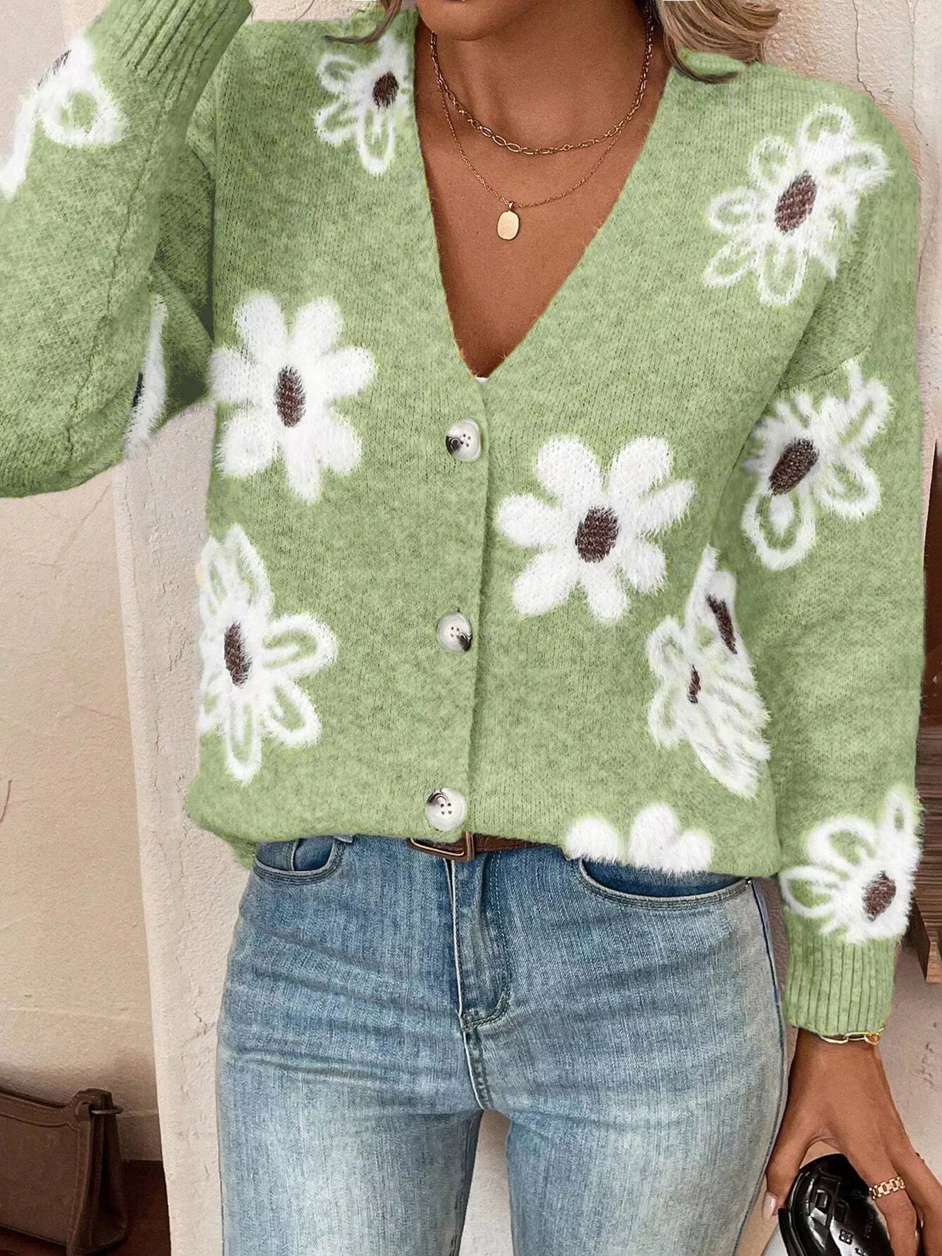 Floral Print Button-Up Knit Cardigan Light Green / S