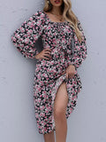 Floral Print Long Sleeve Midi Dress Black / S