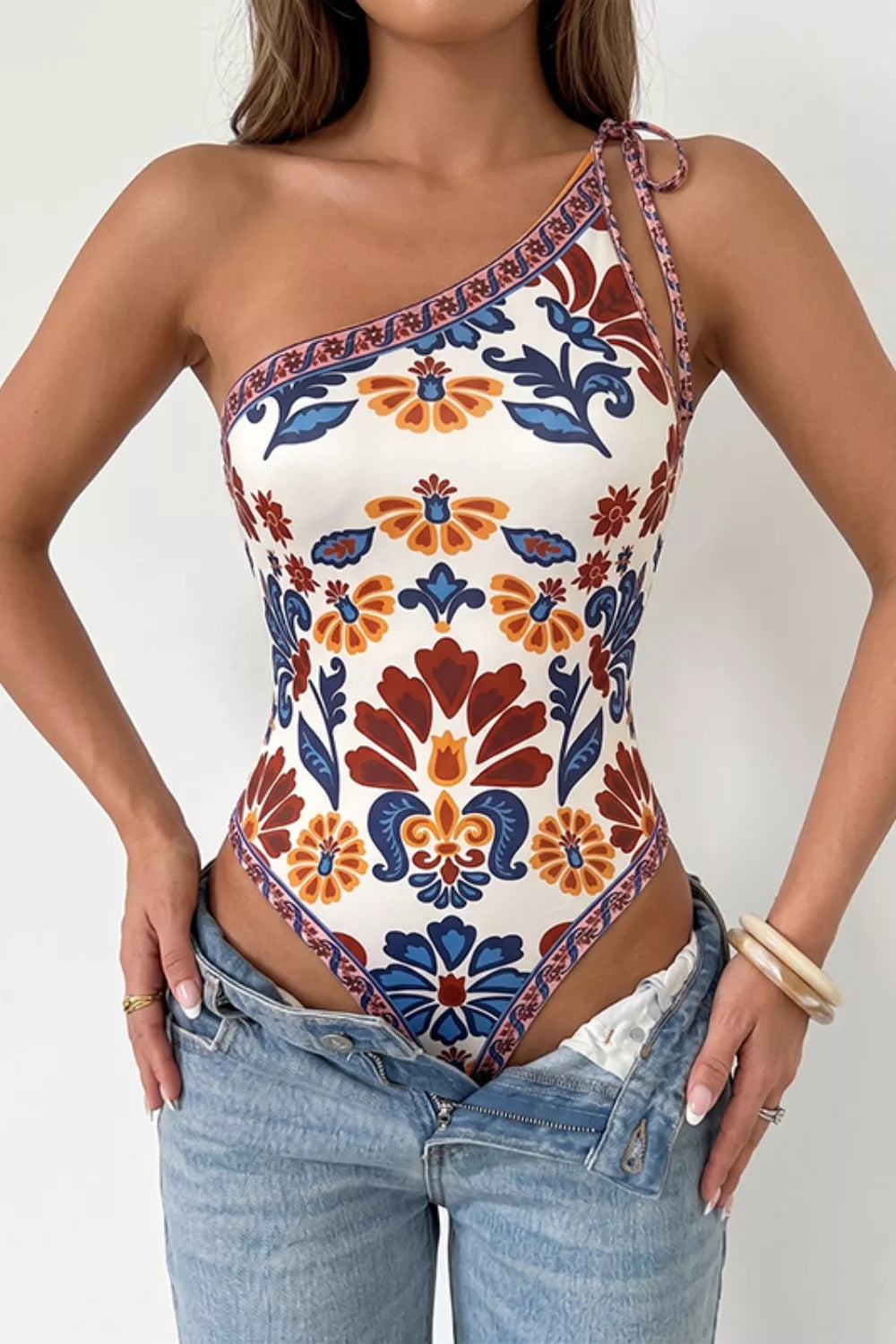 Floral Print One-Shoulder Tie Bodysuit Burgundy / S