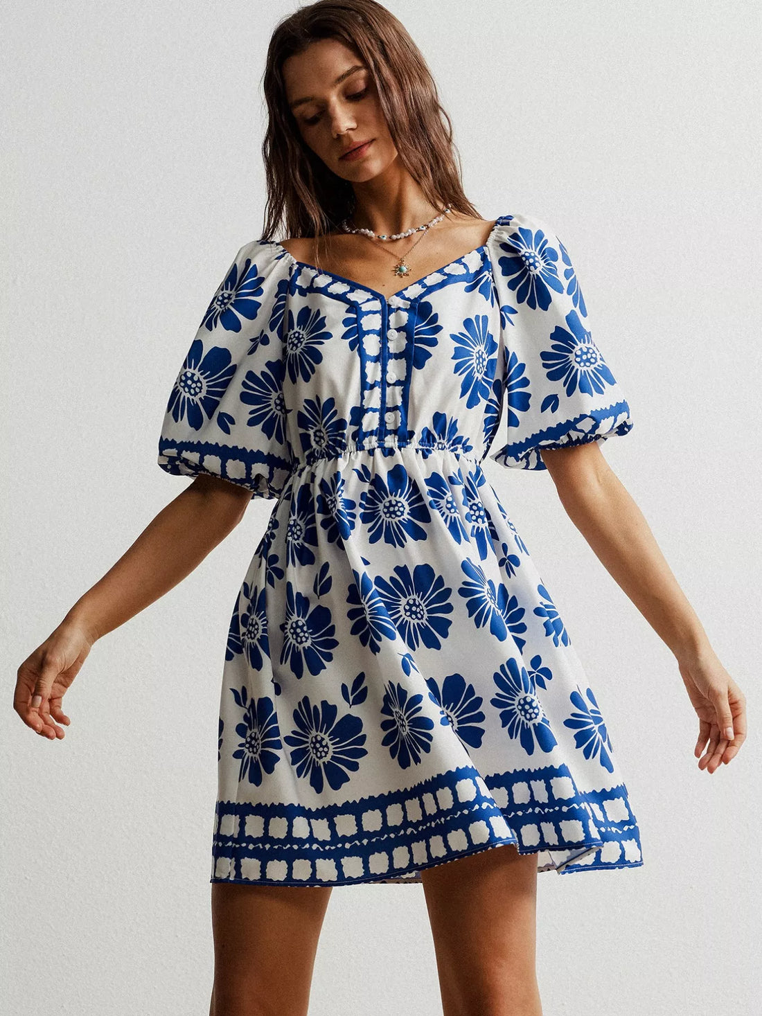 Floral Print Puff Sleeve Mini Dress Royal Blue / S