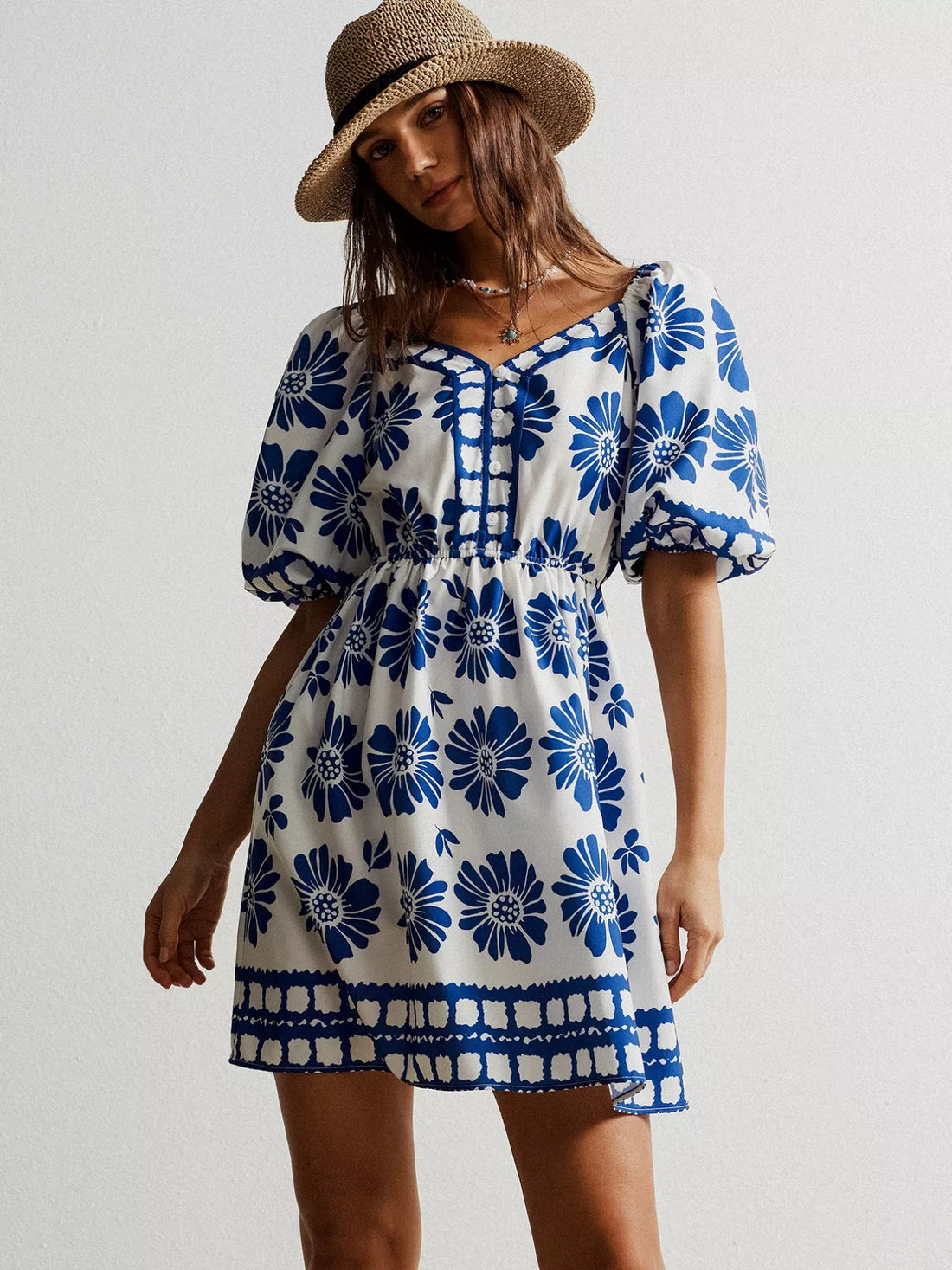 Floral Print Puff Sleeve Mini Dress Royal Blue / S