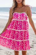 Floral Print Ric Rac Patched Sleeveless Mini Dress Hot Pink / S
