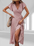 Floral Print Ruffle Hem Wrap Midi Dress