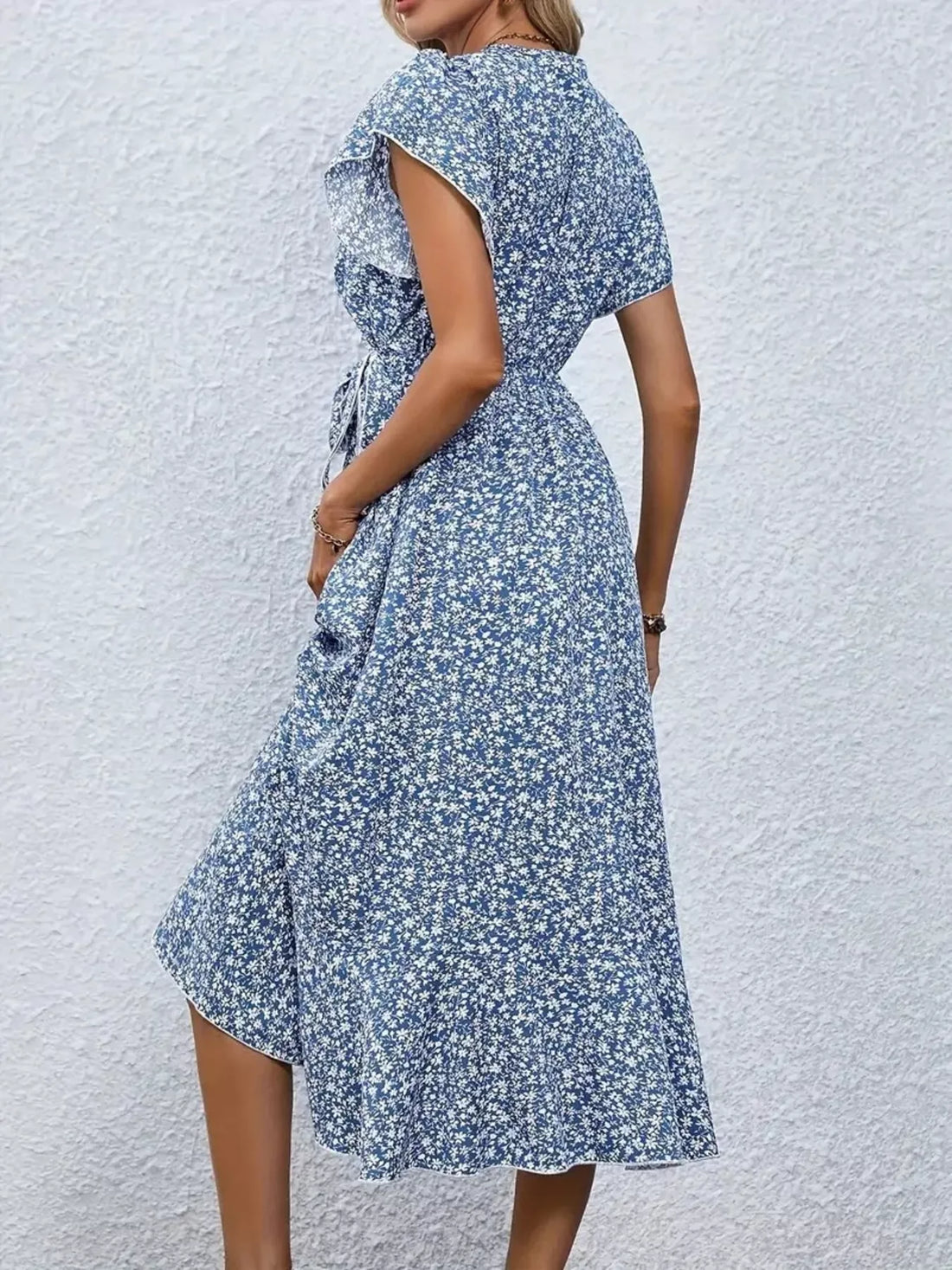 Floral Print Ruffle Hem Wrap Midi Dress Sky Blue / S
