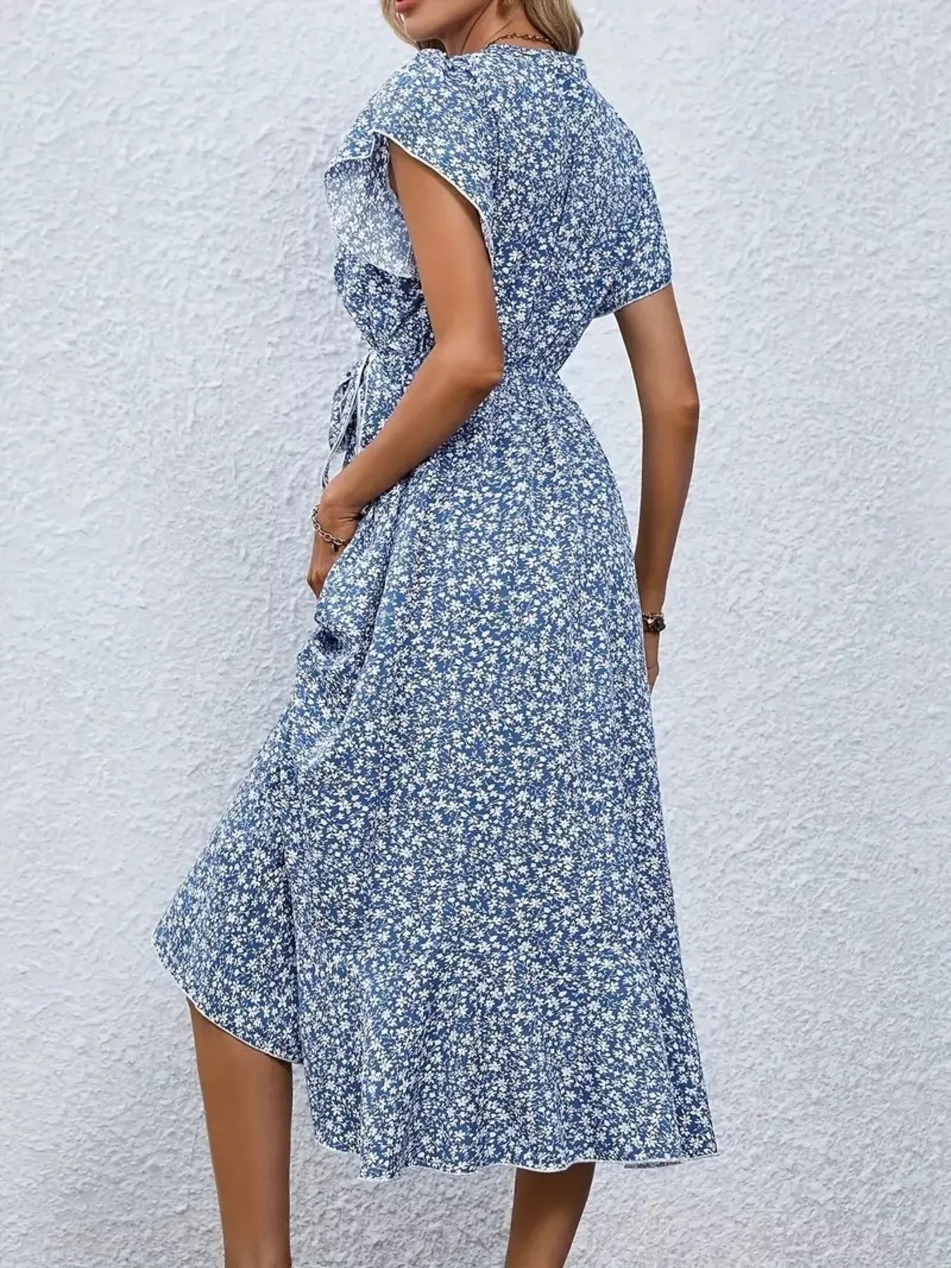 Floral Print Ruffle Hem Wrap Midi Dress