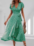 Floral Print Ruffle Hem Wrap Midi Dress Green / S
