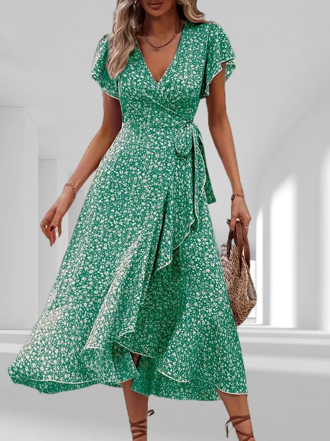 Floral Print Ruffle Hem Wrap Midi Dress Green / S