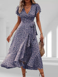Floral Print Ruffle Hem Wrap Midi Dress Navy Blue / S