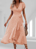 Floral Print Ruffle Hem Wrap Midi Dress Orange Pink / S