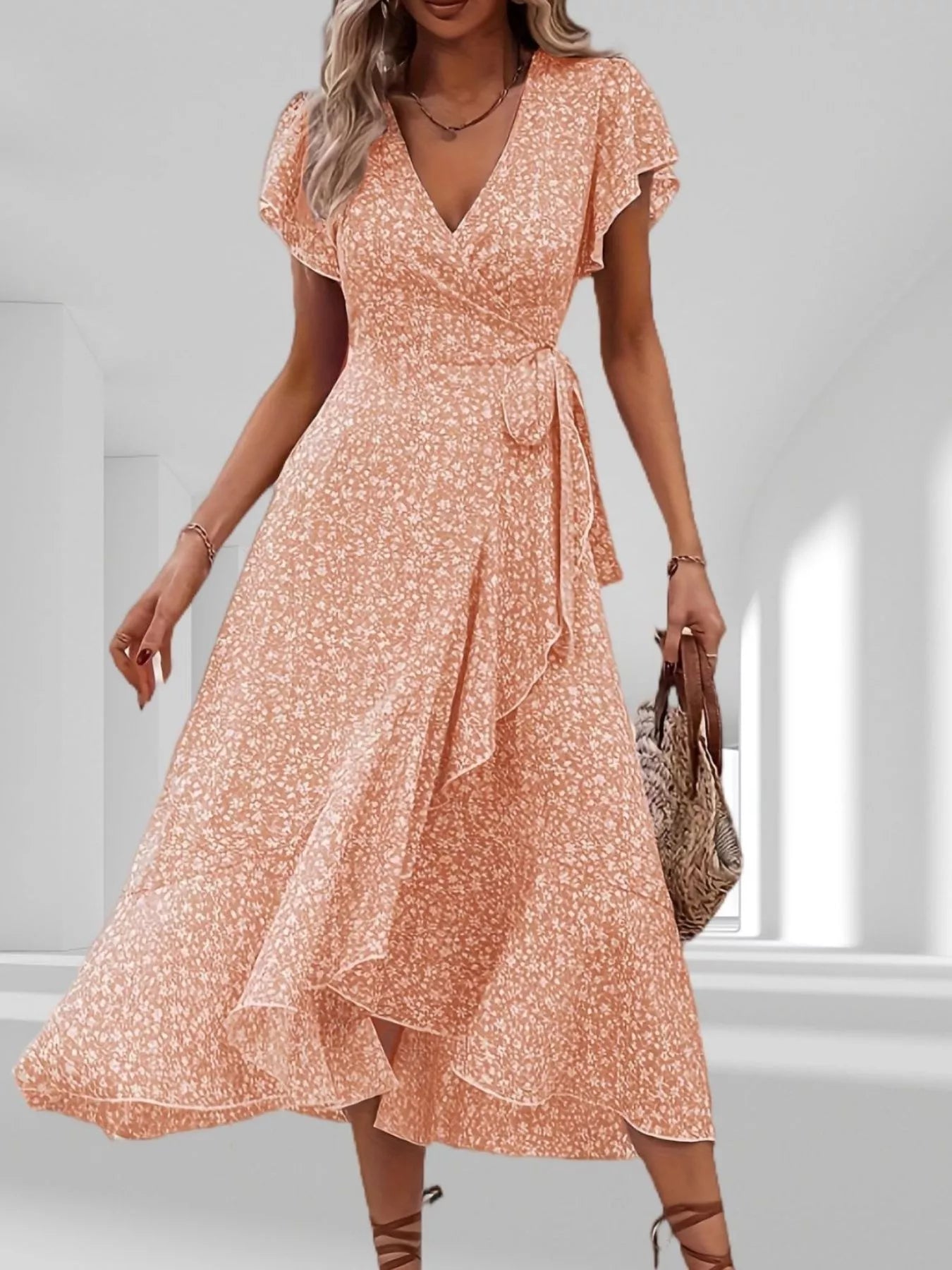Floral Print Ruffle Hem Wrap Midi Dress Orange Pink / S