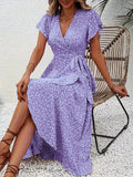 Floral Print Ruffle Hem Wrap Midi Dress Purple / S
