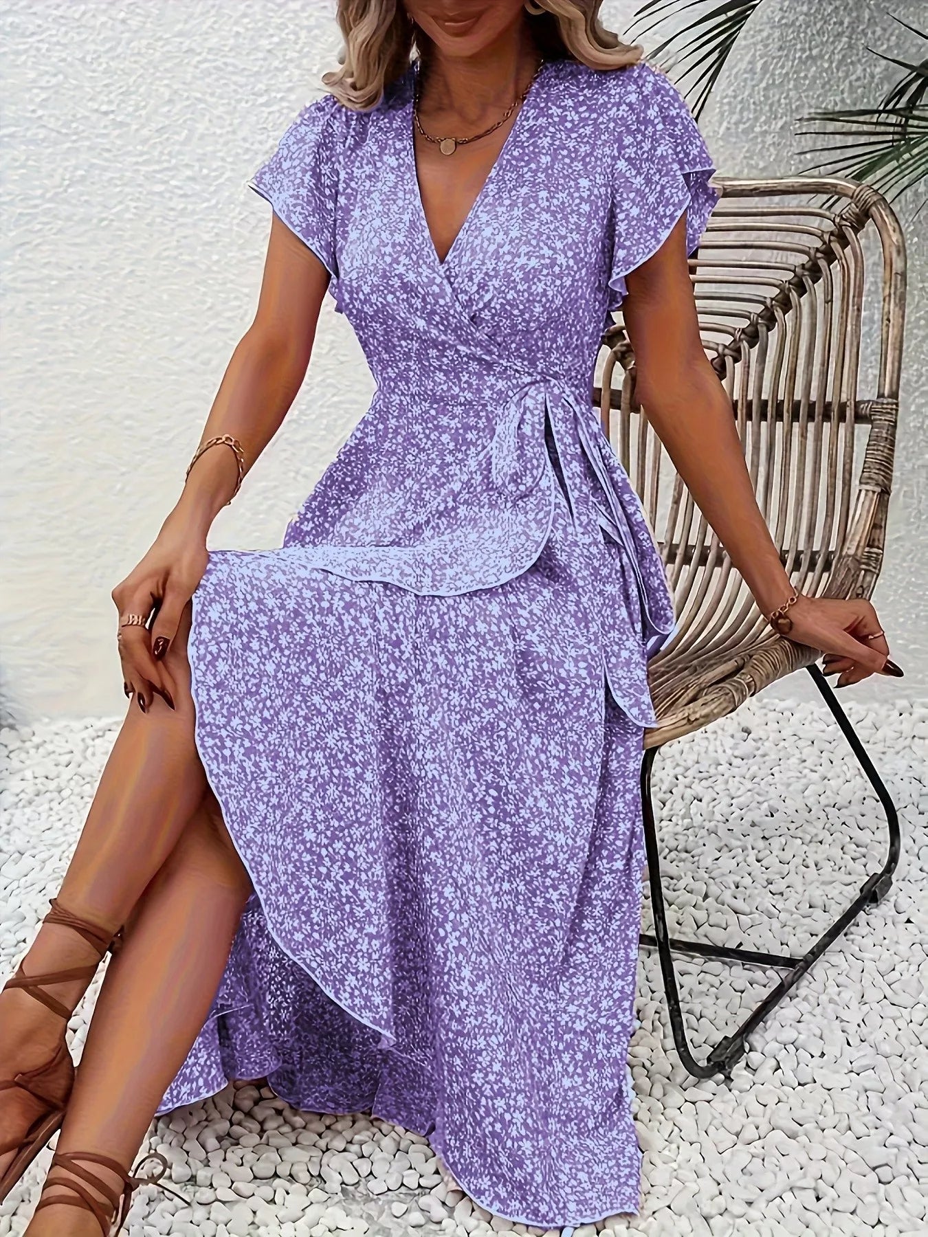 Floral Print Ruffle Hem Wrap Midi Dress Purple / S