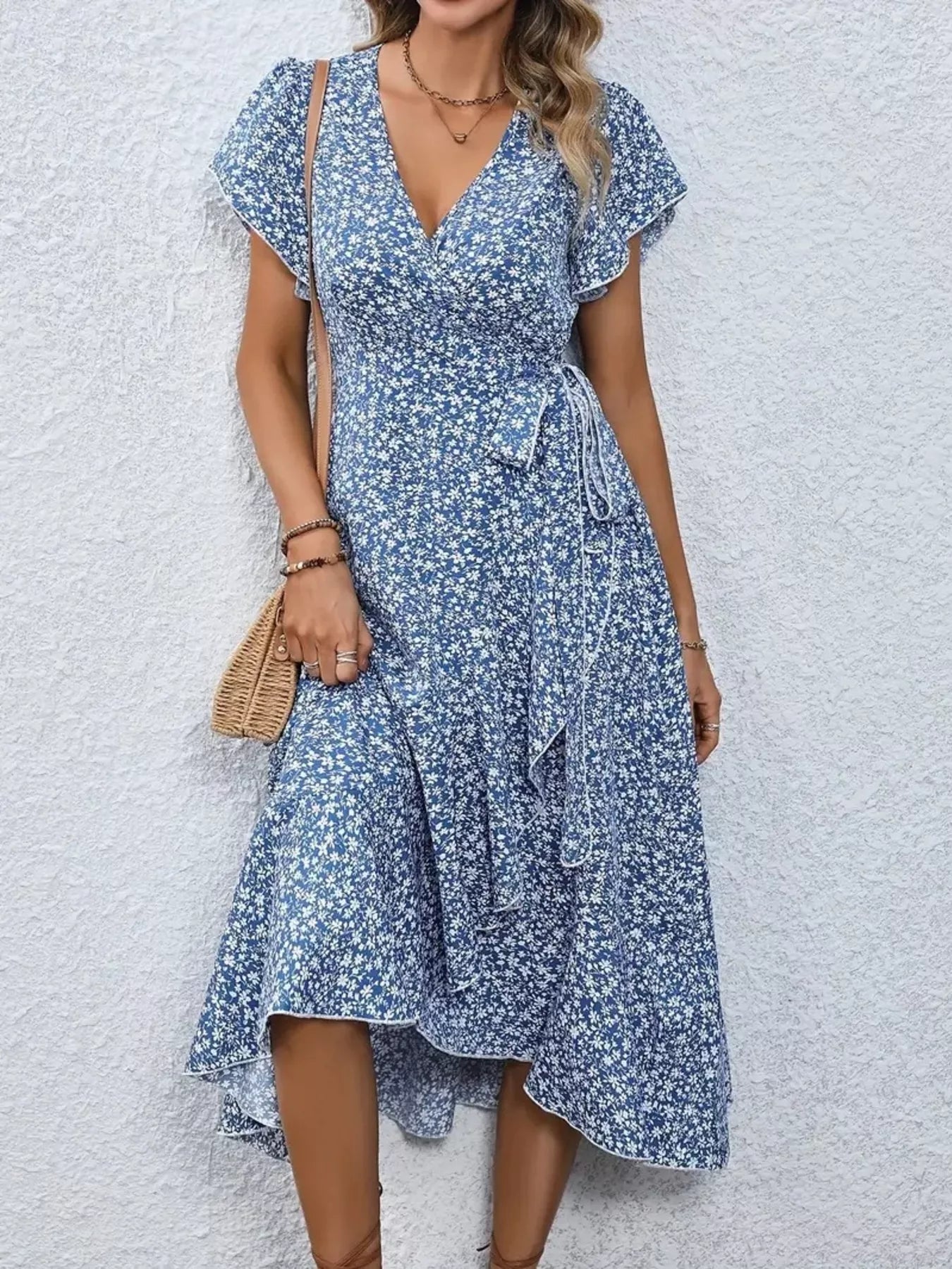 Floral Print Ruffle Hem Wrap Midi Dress Sky Blue / S