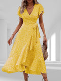 Floral Print Ruffle Hem Wrap Midi Dress Yellow / S