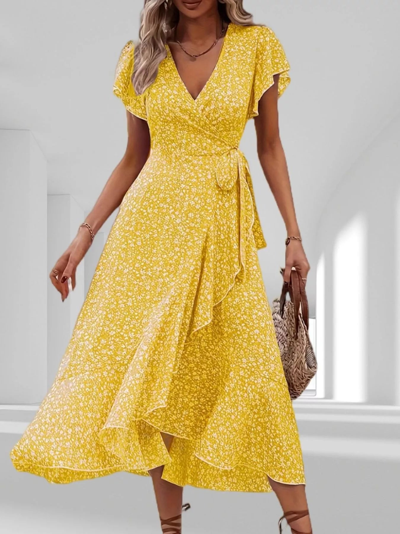 Floral Print Ruffle Hem Wrap Midi Dress Yellow / S