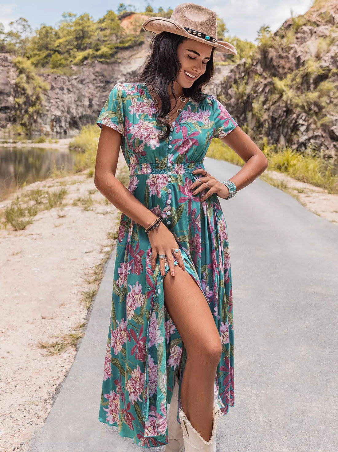 Floral Print Short Sleeve Dress Sky Blue / S